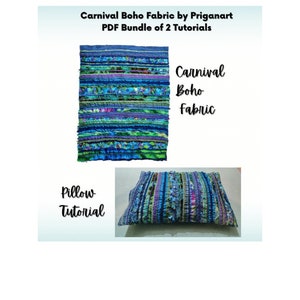 Może przedstawiać: Zestaw tutoriali PDF do stworzenia poduszki z tkaniny boho karnawałowej. Obraz przedstawia poduszkę wykonaną z kolorowych pasków tkaniny oraz zbliżenie na paski tkaniny.