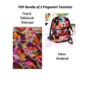 Może przedstawiać: Pakiet PDF z dwoma samouczkami PriganArt. Pierwszy samouczek dotyczy techniki patchworku z resztek, pokazanej na przykładzie kolorowej kołdry. Drugi samouczek dotyczy plecaka z tkaniny, pokazanego na przykładzie kolorowego plecaka patchworkowego.
