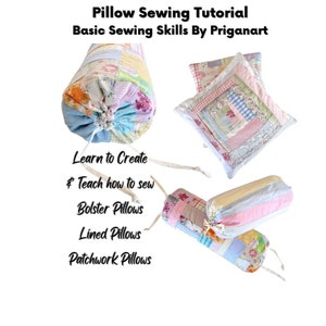 May include: A sewing tutorial for creating bolster, lined, and patchwork pillows. The image shows three pillows made with colourful patchwork fabric.