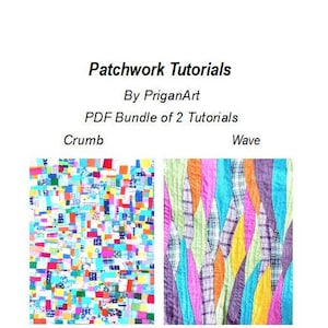 Może przedstawiać: Dwa wzory patchworkowych kołder, jeden z wzorem "crumb" z kolorowych kwadratów, a drugi z wzorem "wave" z kolorowych pasków. Wzory są zatytułowane "Crumb" i "Wave".