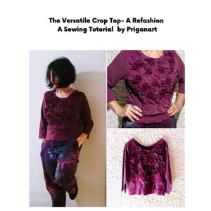 Pode incluir: Um top curto bordô com mangas 3/4 e um design floral. O top é mostrado em uma modelo e deitado.