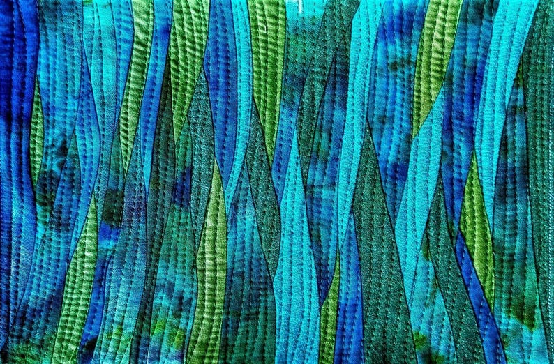 Green and blue wave landscape patchwork art qult.