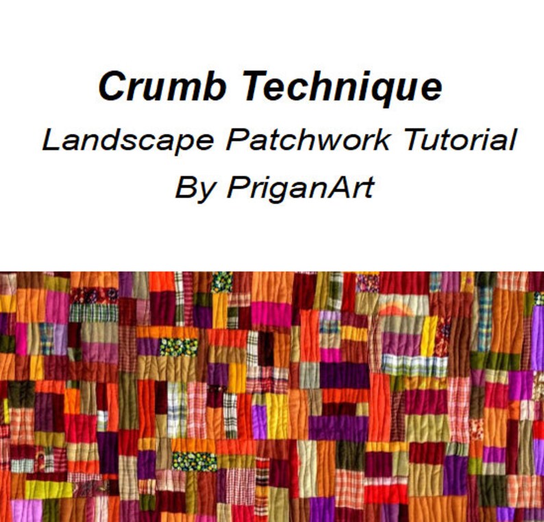 May include: A patchwork quilt with a variety of colors and patterns, including red, orange, yellow, green, blue, purple, and brown. The quilt is made up of small squares and rectangles, and the seams are visible. The quilt is called "Crumb Technique Landscape Patchwork Tutorial by PriganArt".