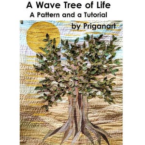 Olive tree of life art quilt on a mountainous background with a mustard colored sun in the background