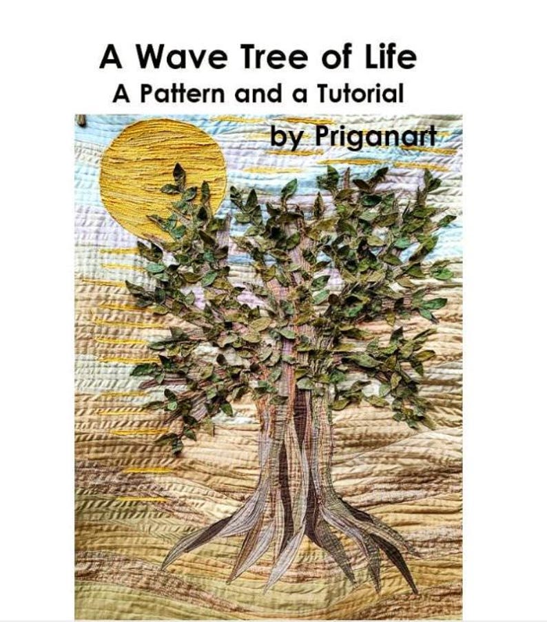 Olive tree of life art quilt on a mountainous background with a mustard colored sun in the background