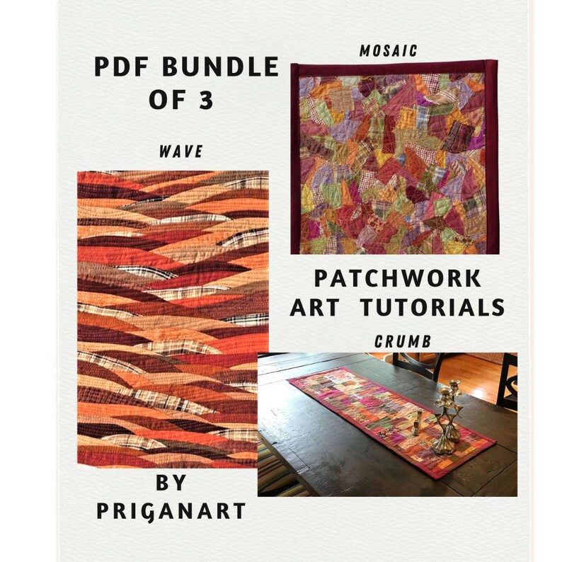 pdf bundle of 3 landscape patchwork techniques  wave mosaic and crumb in autumn colors