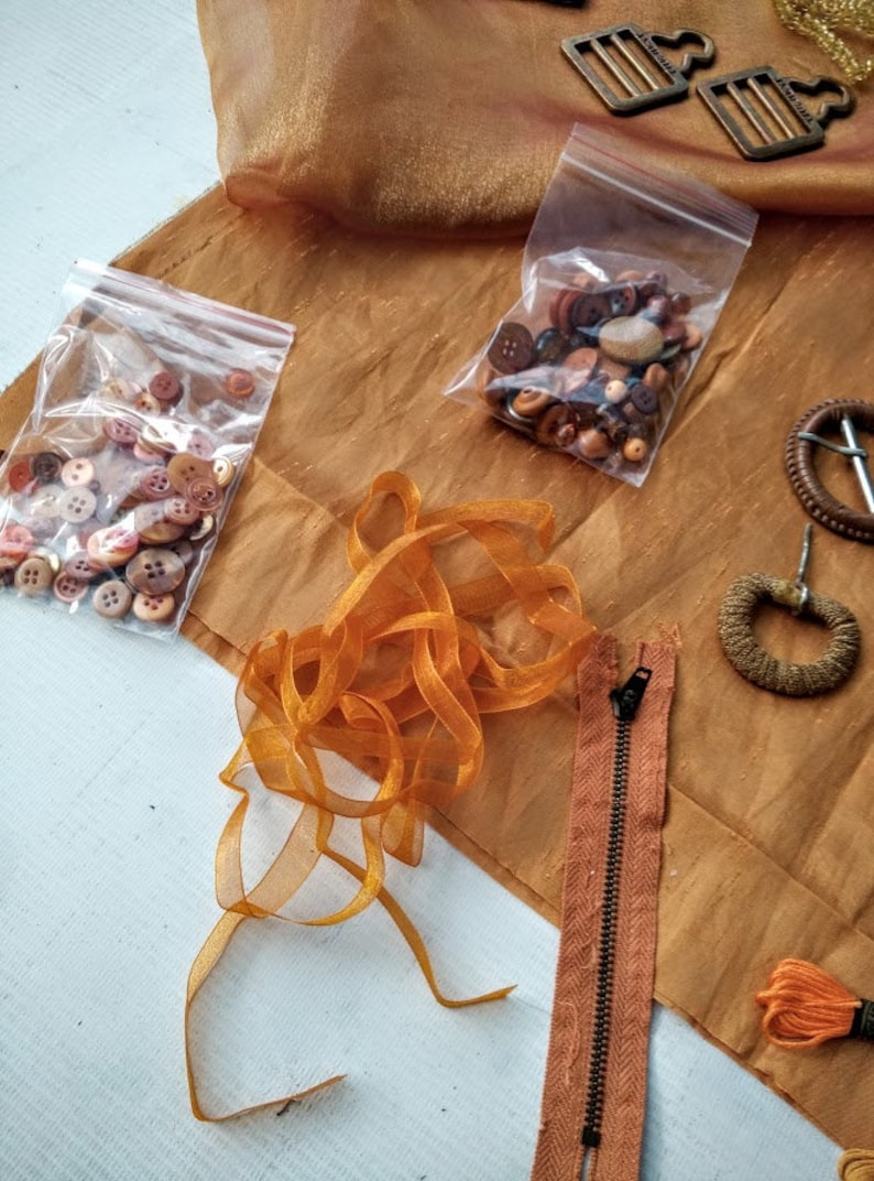 Crazy Quilting Scrapbooking Fabric Jewelry Inspiration Craft Kit in Copper Colors for Fabric Collage
