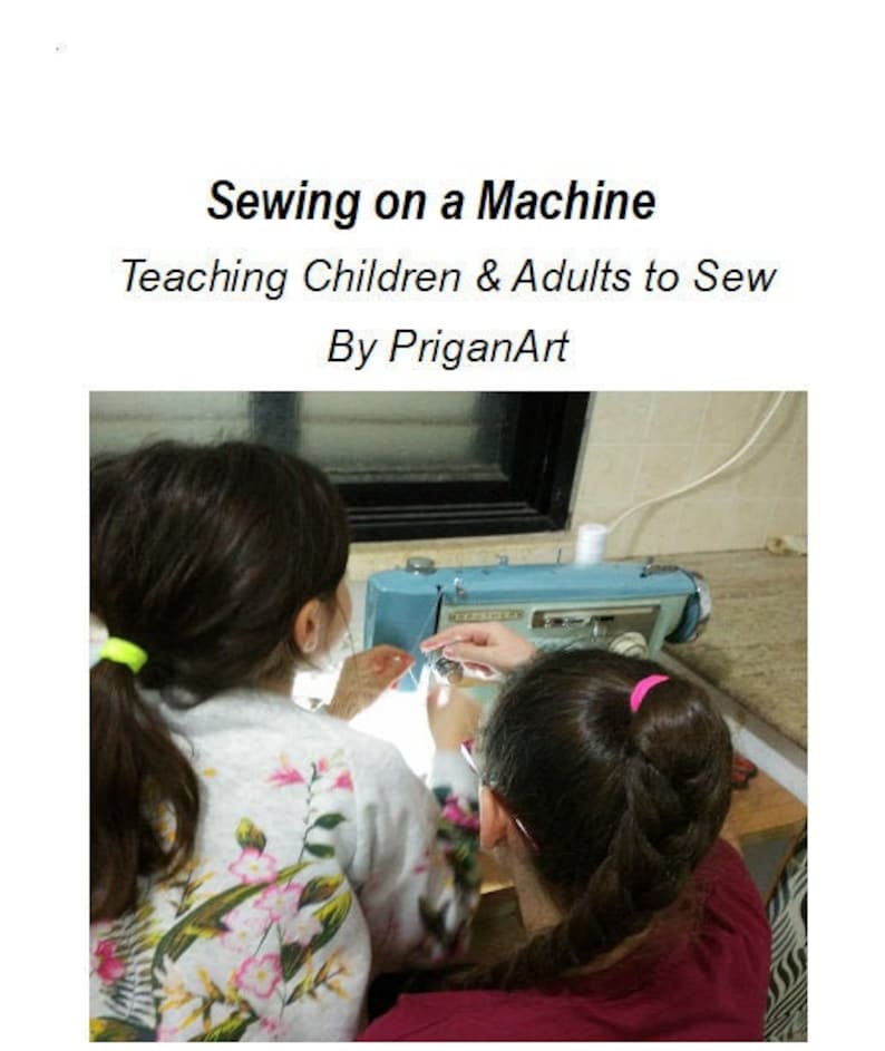 May include: Two people, one adult and one child, are learning to sew on a blue sewing machine. The child is wearing a white shirt with pink flowers and the adult is wearing a pink shirt. The text on the page reads "Sewing on a Machine, Teaching Children & Adults to Sew, By PriganArt".