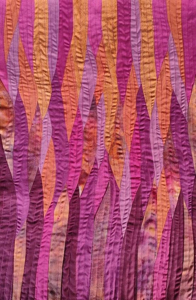 Fuschia and magenta wave landscape patchwork art quilt