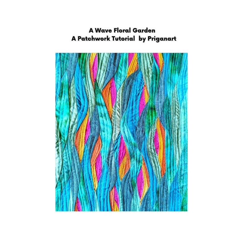 May include: A wave floral garden patchwork quilt in a blue, green, orange and pink colour scheme. The quilt is made up of many small pieces of fabric sewn together to create a wave-like pattern.