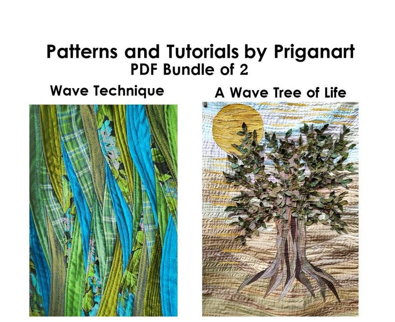 picture of 2 pdf tutorials in a bindled version a wave landscape patchwork piece and an olive tree of life