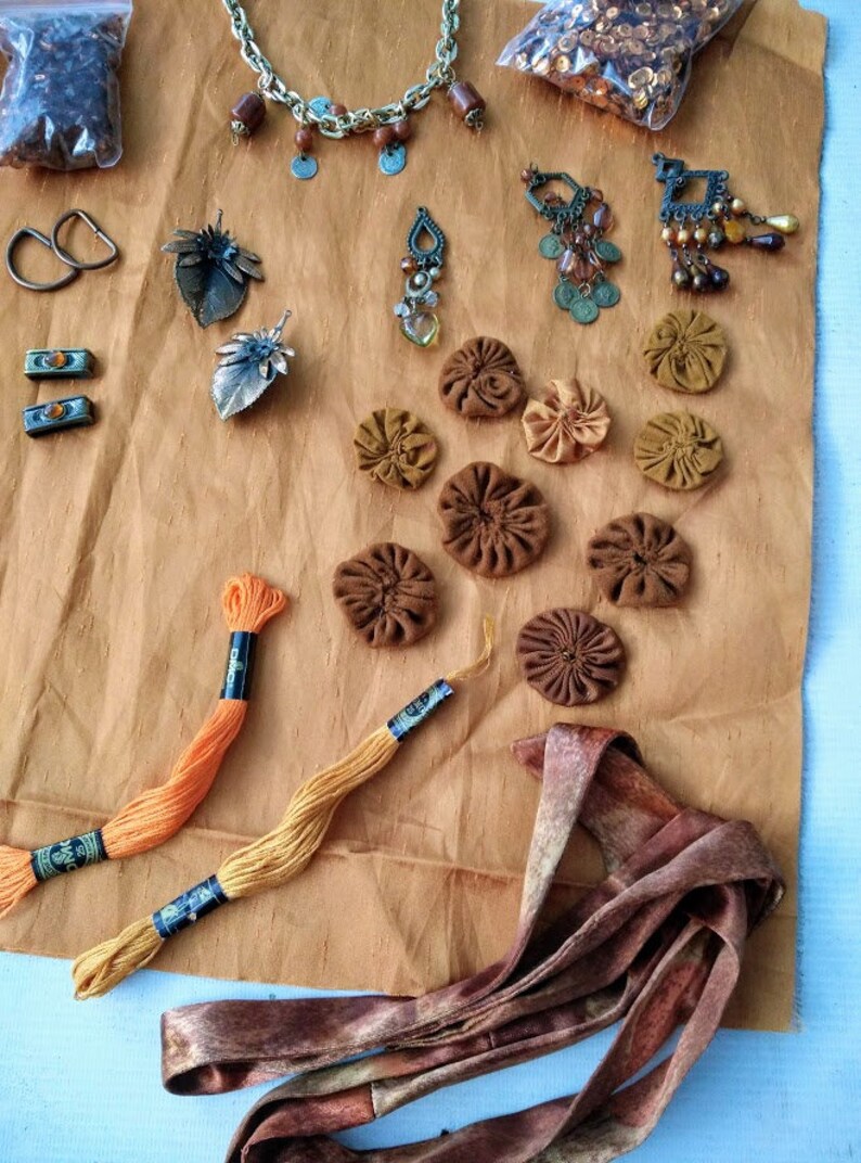 Crazy Quilting Scrapbooking Fabric Jewelry Inspiration Craft Kit in Copper Colors for Fabric Collage