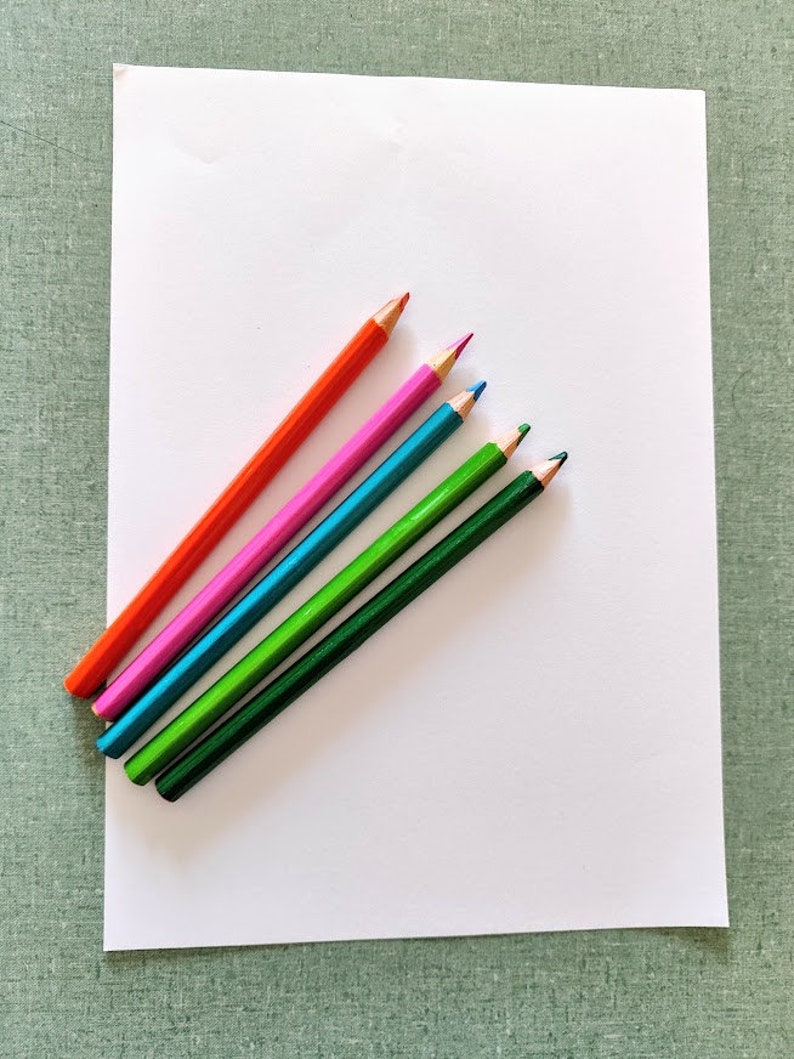 May include: A white sheet of paper with five coloured pencils on top. The pencils are orange, pink, blue, green, and dark green.
