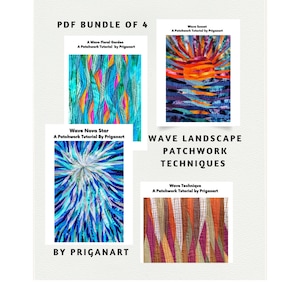 Może przedstawiać: Zestaw czterech wzorów patchworkowych w formacie PDF, przedstawiających różne wzory fal. Wzory są zatytułowane "Wave Sunset", "Wave Floral Garden", "Wave Nova Star" i "Wave Technique". Wzory są kolorowe i geometryczne, z różnymi kolorami i kształtami.