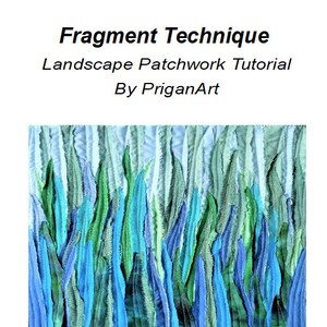 Pu&ograve; includere: Un primo piano di un quilt in patchwork di tessuto con un design di strisce di tessuto blu, verde e bianco che ricordano le lame d'erba. Il quilt &egrave; intitolato "Fragment Technique Landscape Patchwork Tutorial By PriganArt".
