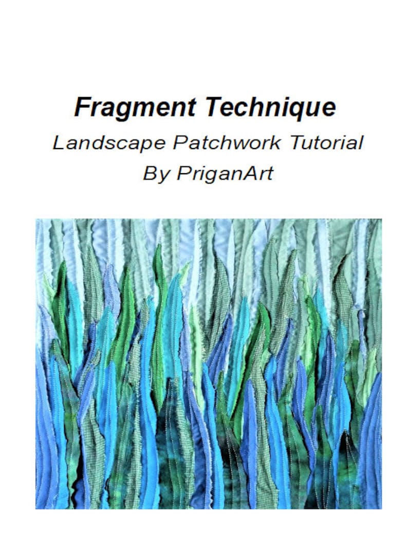 Pu&ograve; includere: Un primo piano di un quilt in patchwork di tessuto con un design di strisce di tessuto blu, verde e bianco che ricordano le lame d'erba. Il quilt &egrave; intitolato "Fragment Technique Landscape Patchwork Tutorial By PriganArt".