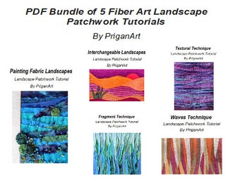 PDF Bundle of 5 Fiber Art Landscape Patchwork Tutorials, PDF Tutorials, Instant Download
