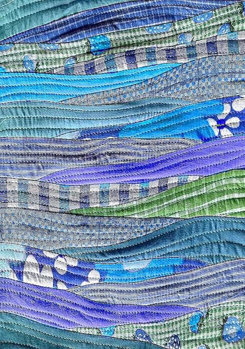 Wave landscape patchwork art quilt in blue green and purple