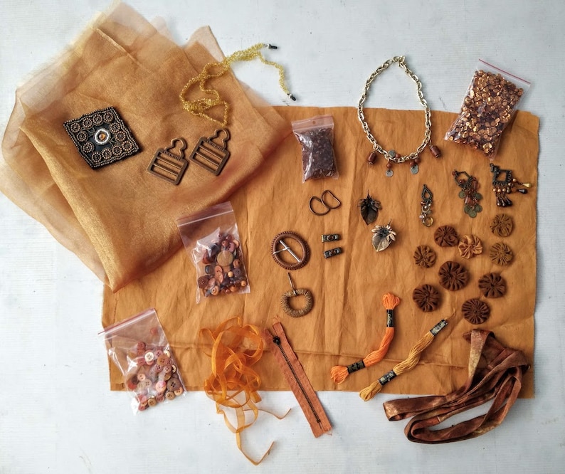 Crazy Quilting Scrapbooking Fabric Jewelry Inspiration Craft Kit in Copper Colors for Fabric Collage