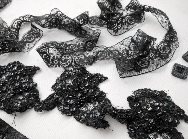 Scrapbooking, Gothic Fabric Jewelry Crazy Quilting Inspiration Craft Kit in Black for Fabric Collage Victorian