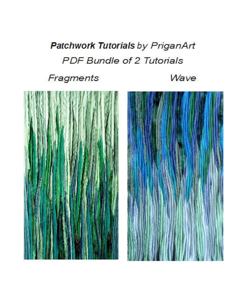 May include: Two patchwork quilt designs, "Fragments" and "Wave", featuring a vertical pattern of blue, green and white fabric strips. The designs are shown side-by-side.