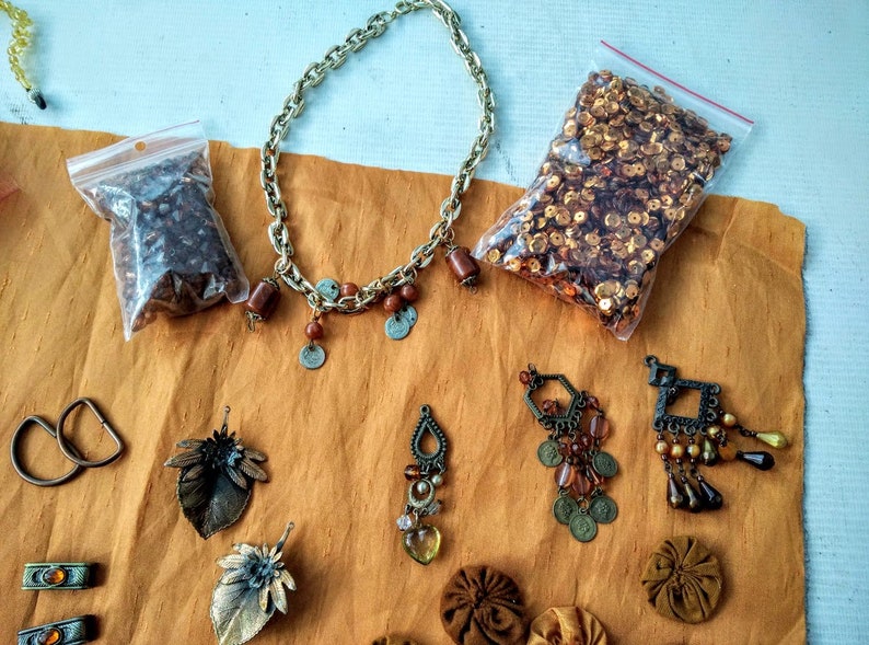 Crazy Quilting Scrapbooking Fabric Jewelry Inspiration Craft Kit in Copper Colors for Fabric Collage