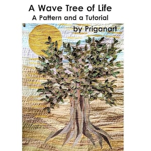 May include: A Wave Tree of Life pattern and tutorial. The artwork depicts a tree with a textured trunk and green leaves, set against a backdrop of a yellow sun and a textured landscape. The text "by Priganart" is also visible.