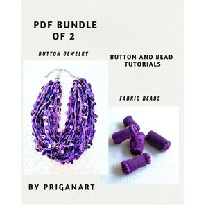 May include: PDF bundle of 2 button jewelry tutorials. The image shows a purple and white crocheted necklace with buttons and a close-up of purple fabric beads.