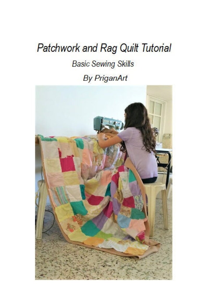 Girl sewing a patchwork quilt on a machine using priganart patchwork and rag quilt tutorial