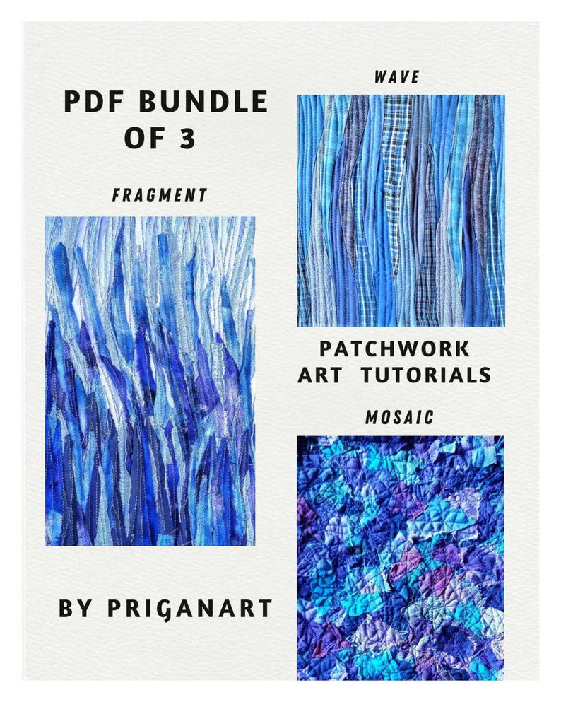 pdf bundle of 3 patchwork art tutorials in blue colors fragment, wave and mosaic examples of quilts.