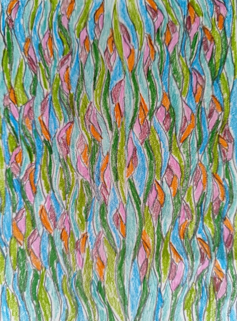May include: Abstract art drawing featuring a repeating pattern of pink, orange, green, and blue lines. The lines are arranged in a wavy pattern, creating a sense of movement and depth.