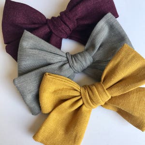 Fall bows, fall bow set, mustard bows, plum bows, gray bows, navy bows, red bows, fabric bows, bows on clips, bows on headbands, baby bows image 2