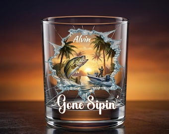 Personalized Fishing Whiskey Glass, Custom Name Bass Fisherman Gift for Dad, Husband, Men | Old Fashioned Bourbon Glass, Birthday, Father's