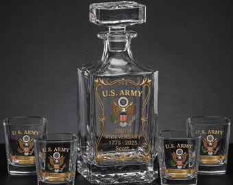 Personalized Whiskey Decanter Set With 4 Glasses, Service Member 250th Anniversary 1775 2025 Gift, Gold Military Barware