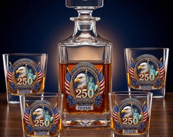 Whiskey Decanter Set With 4 Glasses - Personalized 250th Anniversary USA 1776 2026, Patriotic Eagle Bourbon Gift