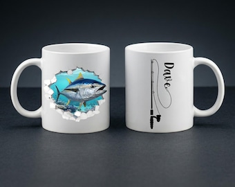 Personalized Fishing Coffee Mug, Yellowfin, Wahoo, Marlin, Mahi Mahi and Tarpon Cup, Custom Name Fisherman Gift 11 oz 15 oz
