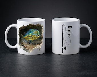 Personalized Fishing Coffee Mug, Marlin, Wahoo, Snapper, Tarpon and Mahi Mahi Cup, Custom Name Fisherman Gift 11 oz 15 oz