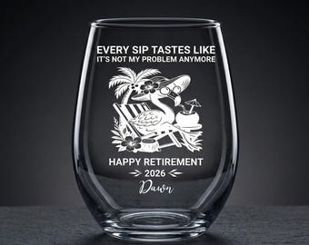 Retirement Wine Glass 15 oz, Personalized Stemless Wine Glass 2026, Laser Engraved Retirement Gift for Her, Funny Happy Retirement Gift