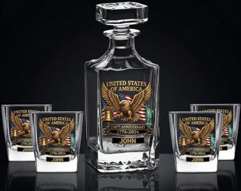 Personalized Whiskey Decanter Set with 4 Glasses, 250th Anniversary USA 1776 2026 Gift, 3D Effect Gold American Eagle Bourbon Set