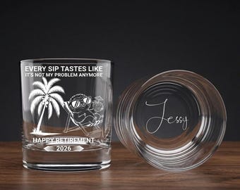 Personalized Retirement Whiskey Glass 11oz, Laser Engraved Old Fashioned Glass, Custom Name Bottom, Happy Retirement 2026 Gift