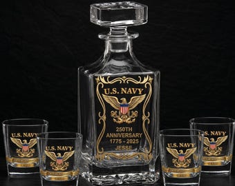 Personalized Whiskey Decanter Set With 4 Glasses, Veteran 250th Anniversary 1775 2025 Gift, 3D Effect Gold Military Barware
