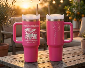 Tumbler 40oz with Handle – Personalized Funny Flamingo Retirement Gift 2026, Custom Name Laser Engraved Travel Mug, Gift for Her