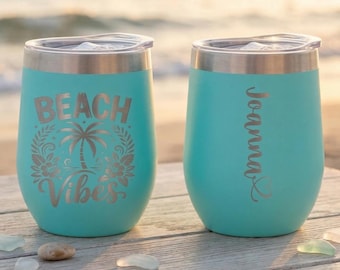 Wine Tumbler 12oz – Personalized Beach Vibes, Custom Name Laser Engraved Stainless Steel Travel Cup, Beach Gift for Her