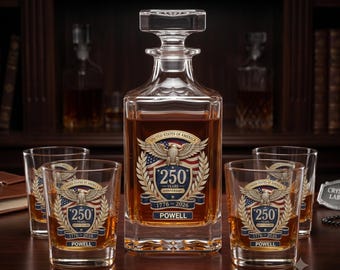 Personalized Whiskey Decanter Set with 4 Glasses, 3D Rhinestone Effect USA 250th Anniversary Gift, Custom Eagle Bourbon Barware 1776 2026