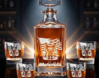 Personalized officer whiskey decanter sets, laser engraved badge vest design, custom city skyline, landmark, dept abbreviation and name gift