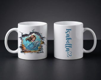 Personalized Mermaid Coffee Mug 11oz 15oz - Custom Name Ocean Animals Cup, Beach Gift for Her, Dolphin Turtle Seahorse