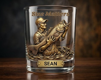 Personalized Fishing Whiskey Glass, Custom Bourbon Glass Gift for Dad, Funny Bass Fisherman Angler Birthday, Father's Day Old Fashioned