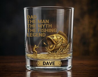 Whiskey Glass 11oz – Personalized Dad Fishing "The Man The Myth The Legend," Custom Name Old Fashioned Bourbon Glass, Father Gift