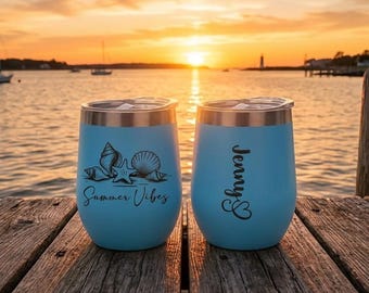Wine Tumbler 12oz – Personalized Summer Vibes, Custom Name Laser Engraved Stainless Steel Beach Cup, Travel Gift for Her