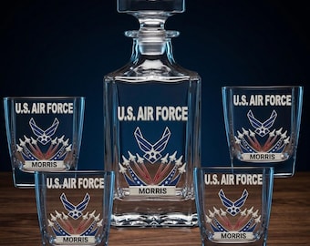 Personalized Whiskey Decanter Set With 4 Glasses, Veteran Gift for Men, Rhinestone Effect Armed Forces Barware